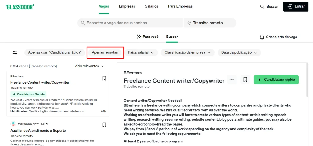 Print mostrando como fazer o filtro para vagas remotas no Glassdoor