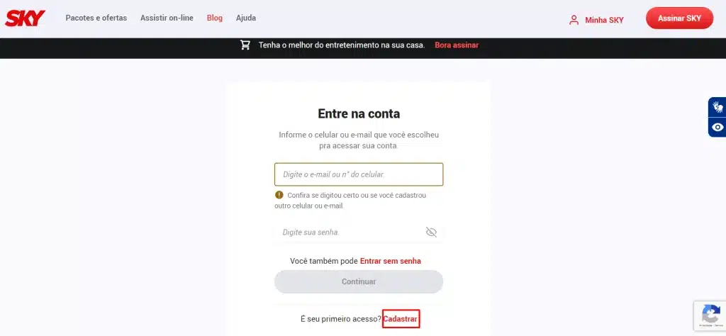 Print da tela do Portal de Negociação da SKY, sinalizando onde fica o link para cadastro.