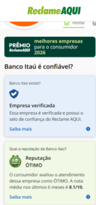 Print da página do Itaú no Reclame Aqui