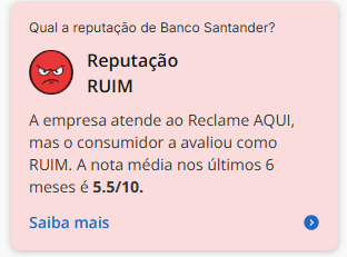 Print da nota do Santander no Reclame Aqui.