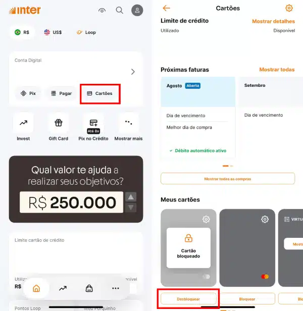 Prints mostrando como desbloquear cartão no aplicativo do Inter.