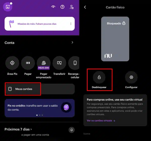 Print mostrando como desbloquear cartão pelo aplicativo do Nubank.