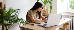 Malha fina: fotografia de uma mulher escrevendo em uma folha em frente a um computador.