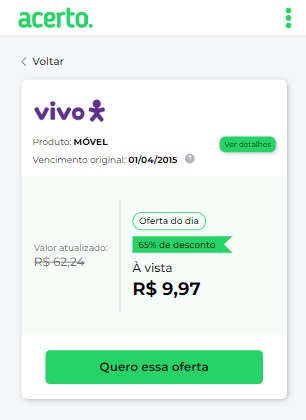 Print mostrando como a dívida da Vivo aparece no site da Acerto.