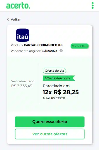 Print de uma proposta de negociação de uma dívida do Itaú pela Acerto.