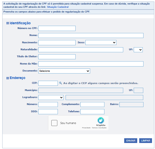 Print da página para regularização do CPF suspenso no site da Receita Federal.
