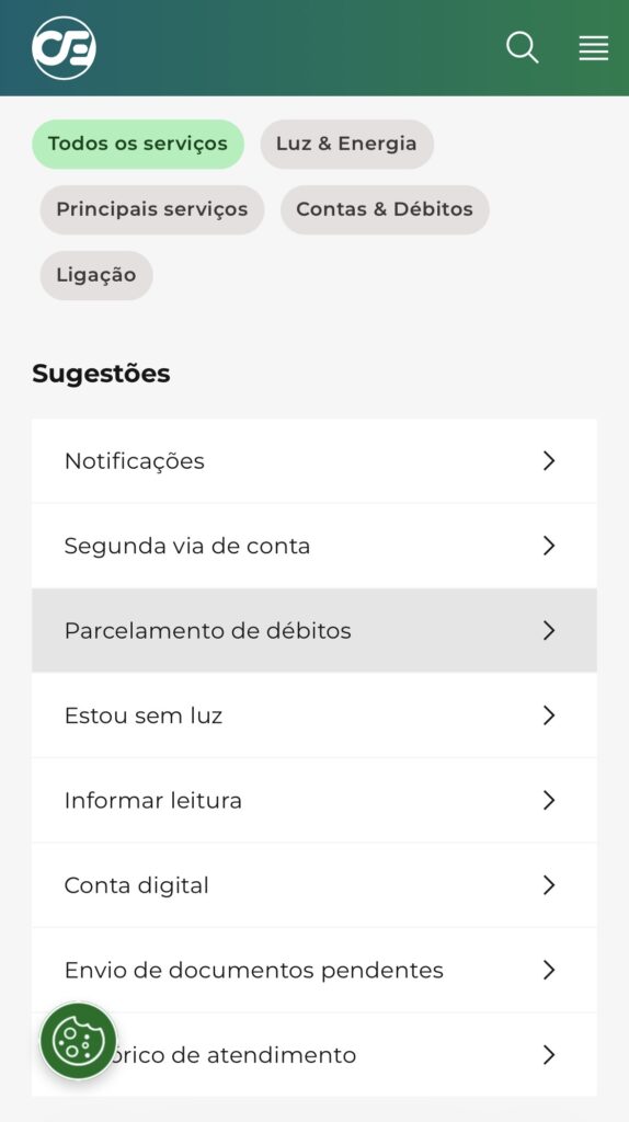 Print mostrando como solicitar o parcelamento de fatura da Cemig pelo site.