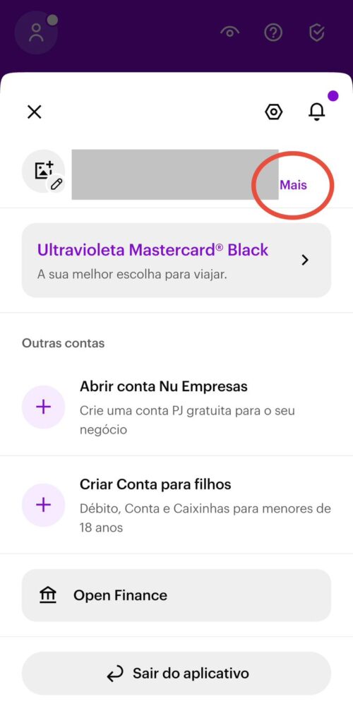 Print mostrando como encontrar o código do banco pelo aplicativo Nubank.