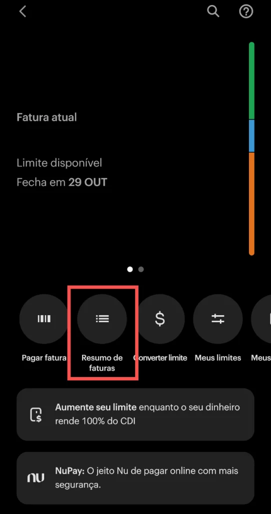 Print mostrando como acessar o resumo de faturas no app do Nubank.