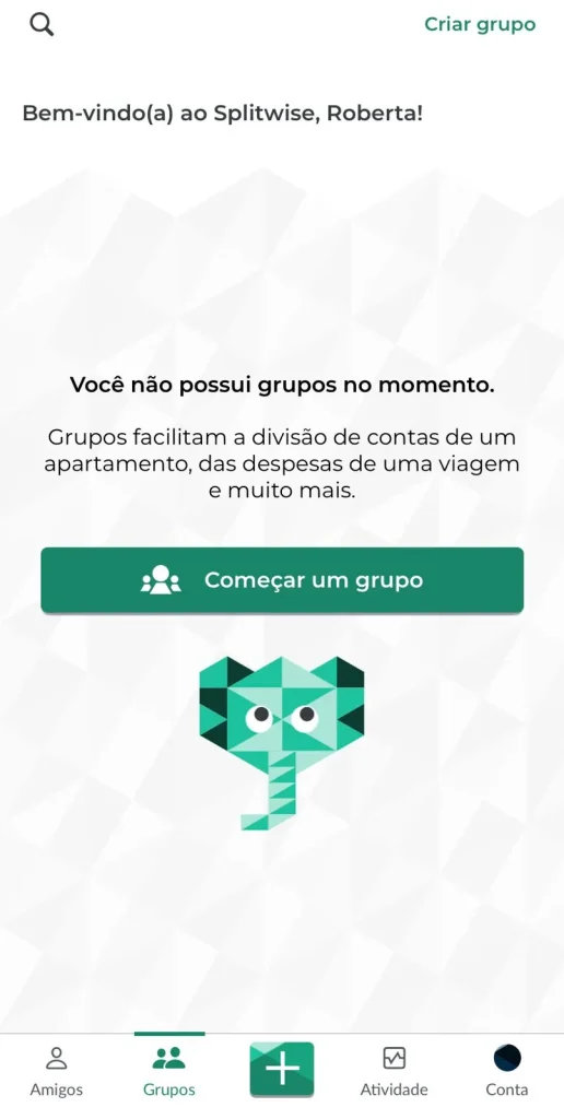 Print mostrando como criar grupo no Splitwise