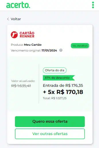 Print mostrando a tela de negociação da Renner dentro do site da Acerto.