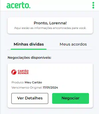 Print mostrando a tela da dívida da Renner dentro do site da Acerto.