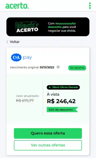 Dívida C&A: print de uma tela mostrando uma dívida da C&A no site da Acerto.