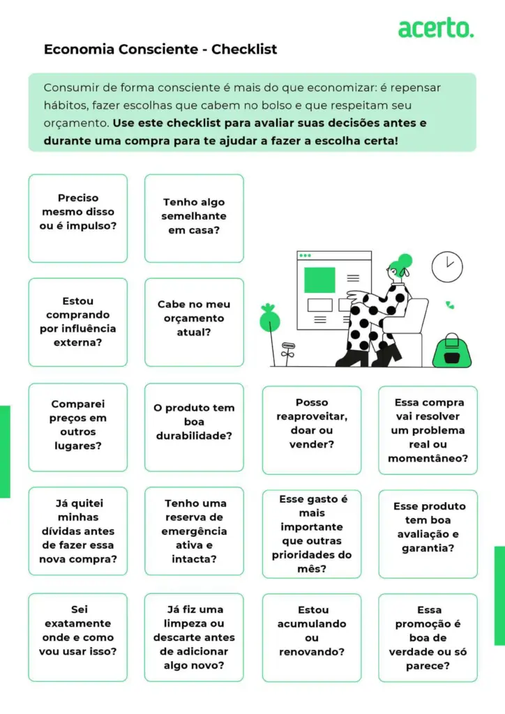 Imagem com um checklist para consumir de forma consciente.